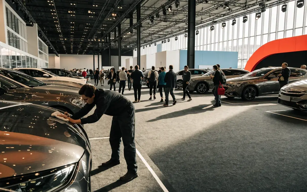 Fahrzeugreinigung auf einer Messe vor der Türöffnung